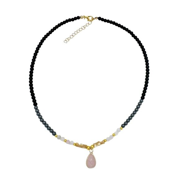 NWT Rose Quartz Teardrop Pendant Beaded Necklace 18K Plated Black Onyx Hematite - Picture 3 of 9